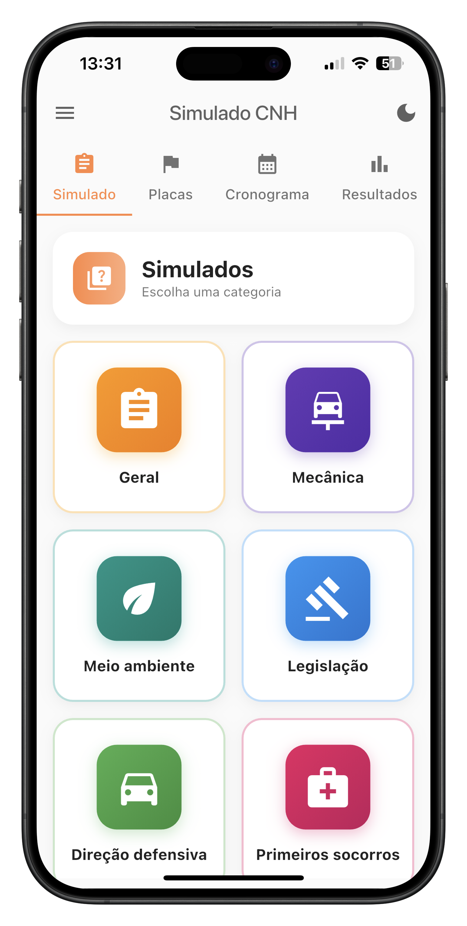 Tela inicial no Simulado DETRAN