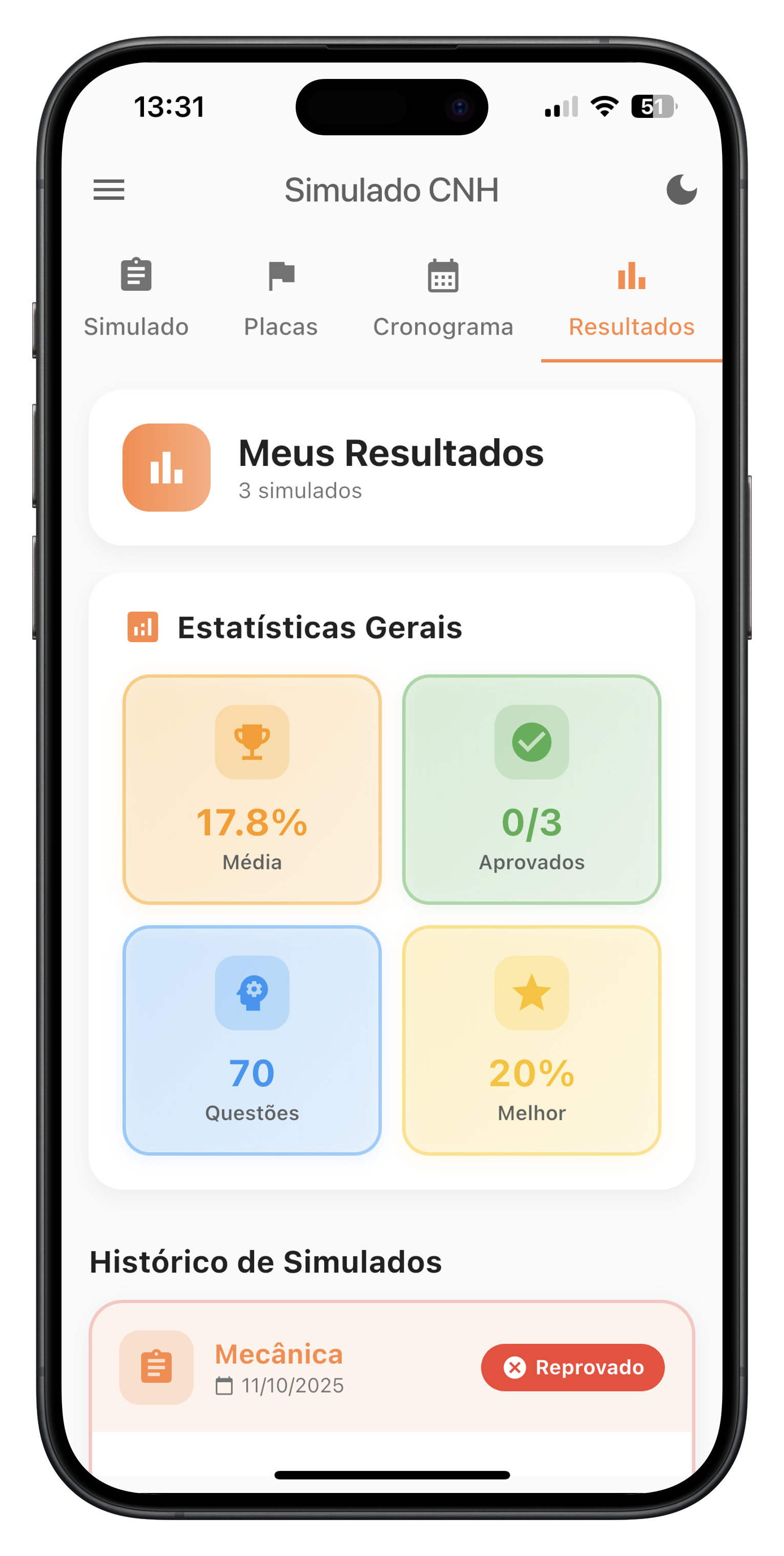 Revisão de respostas no Simulado DETRAN
